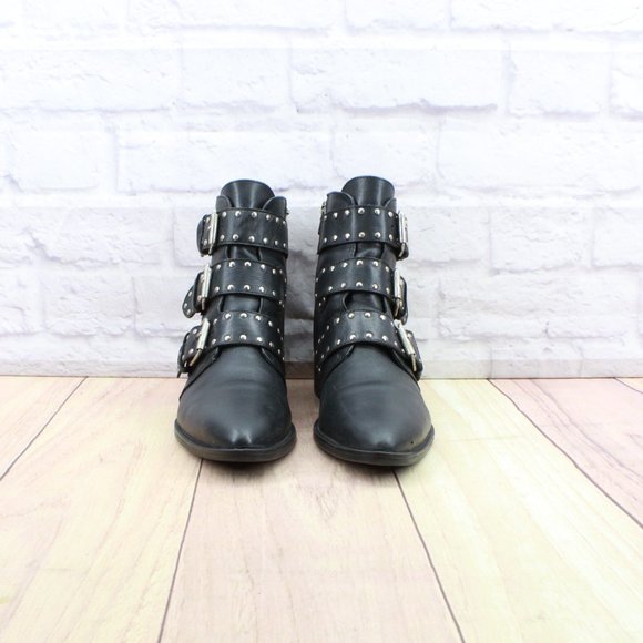 Steven Maden New York Harmon Black Leather Studded Buckle Booties Size 8 M - Picture 4 of 11